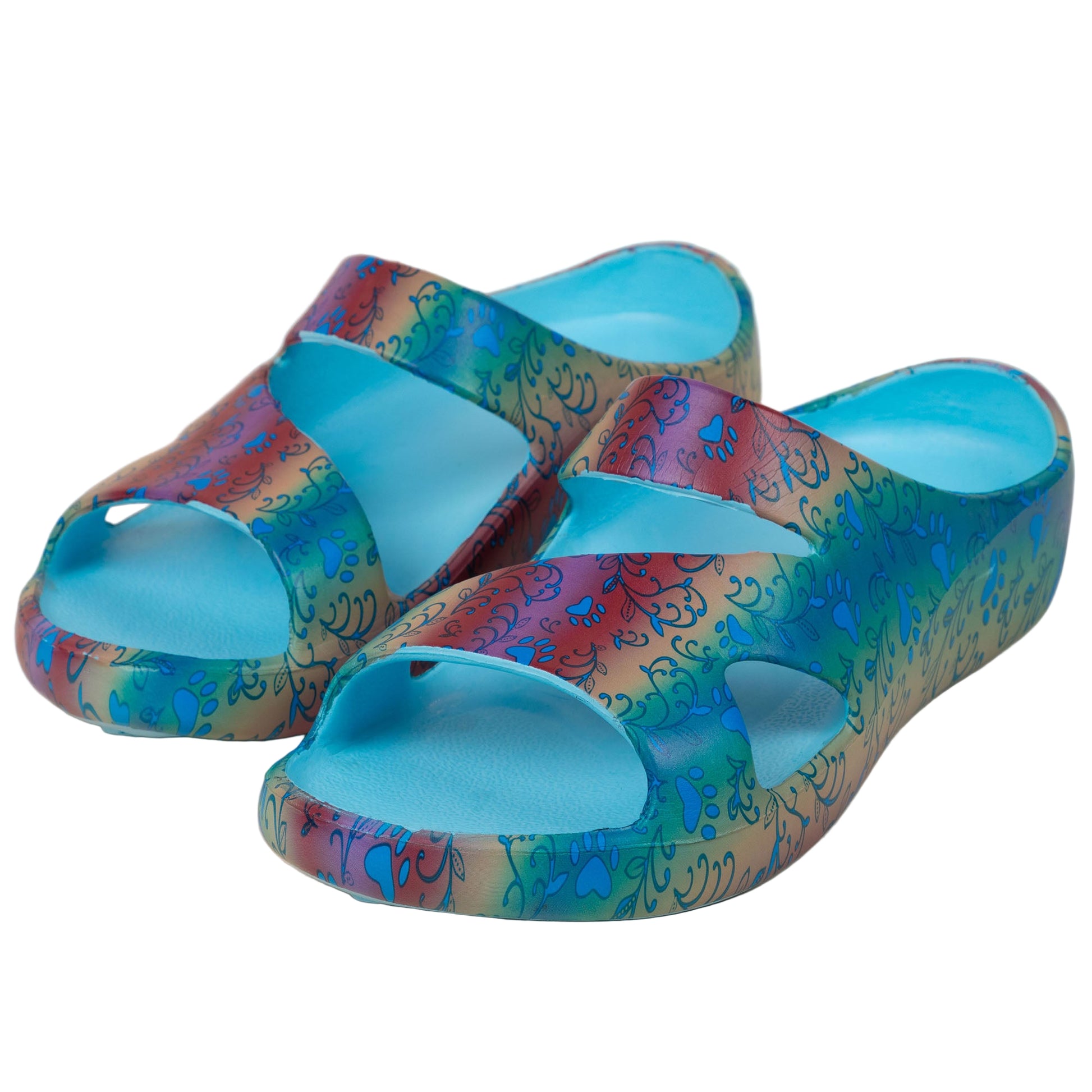 Pair of colorful sandals with blue soles on a white background
