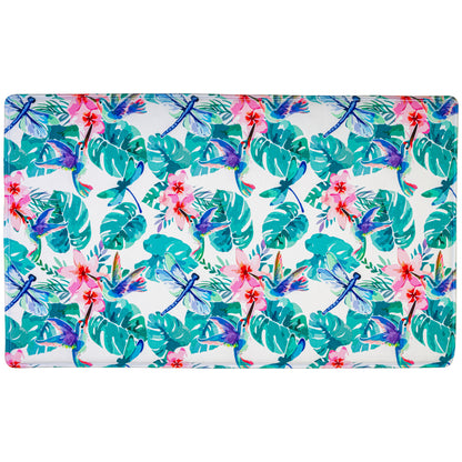 Memory foam floor mat with tropical leaf and flower pattern on a white background.