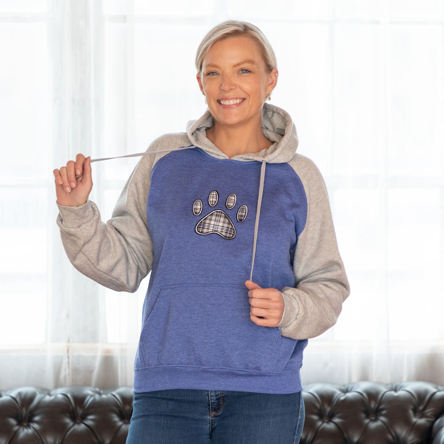 Plaid Paw Raglan Pullover Hooded Sweatshirt