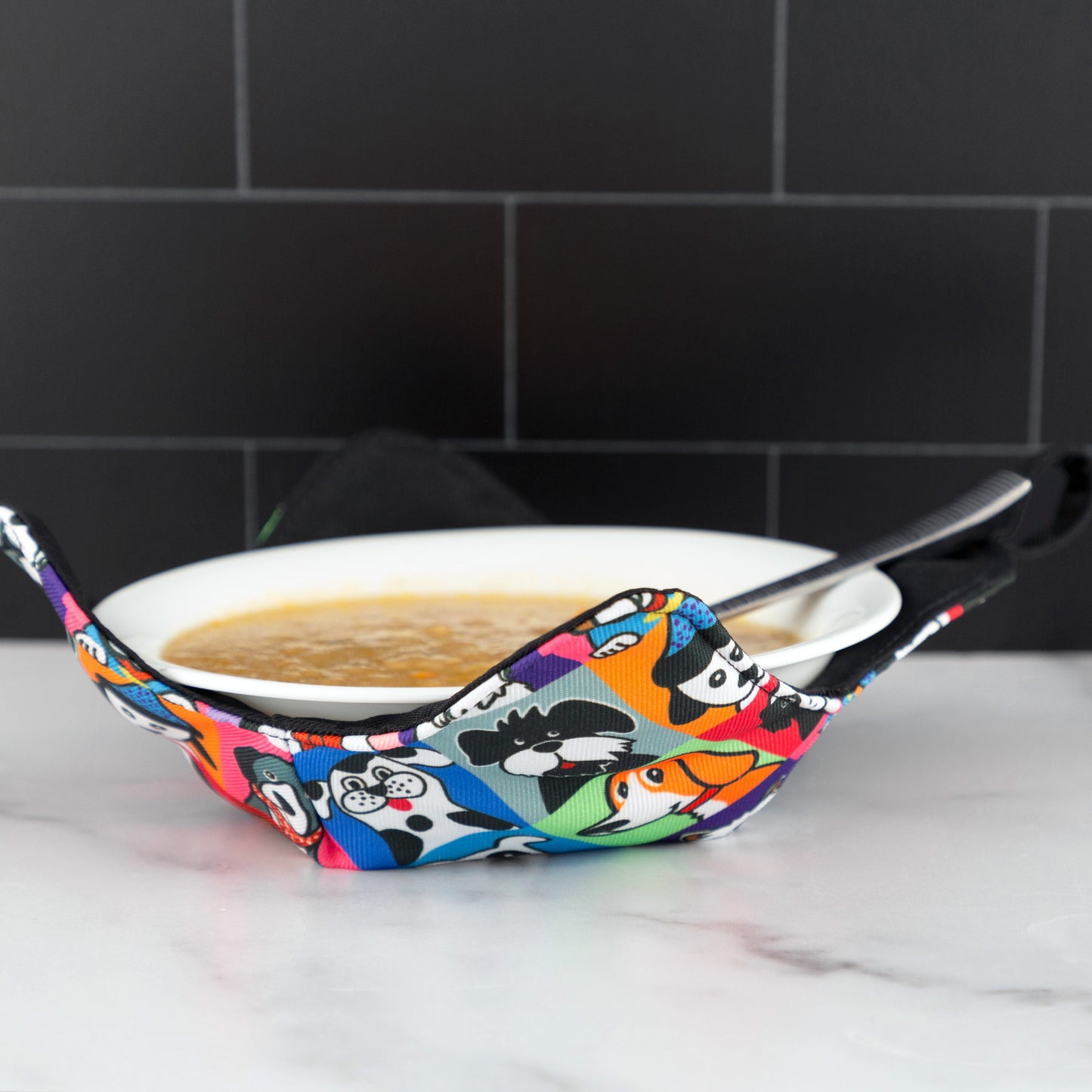 Bowl cozy with a bowl of hot soup and food with a dog print design, pet portrait dog