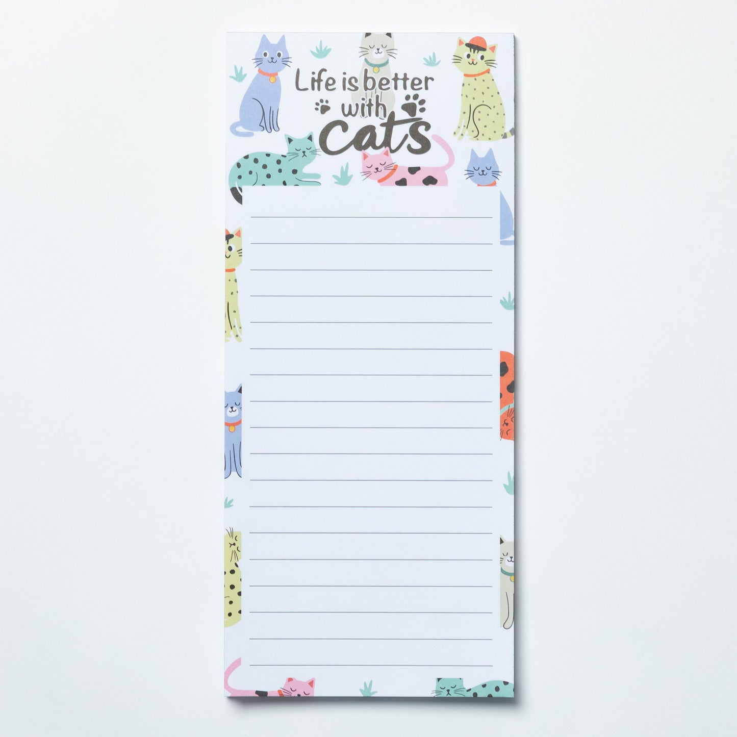 Notepad with cat illustrations and 'Life is better with cats' text on a white background