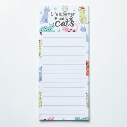 Notepad with cat illustrations and 'Life is better with cats' text on a white background
