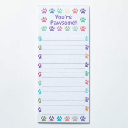 Notepad with colorful paw prints and 'You're Pawsome!' text on a white background