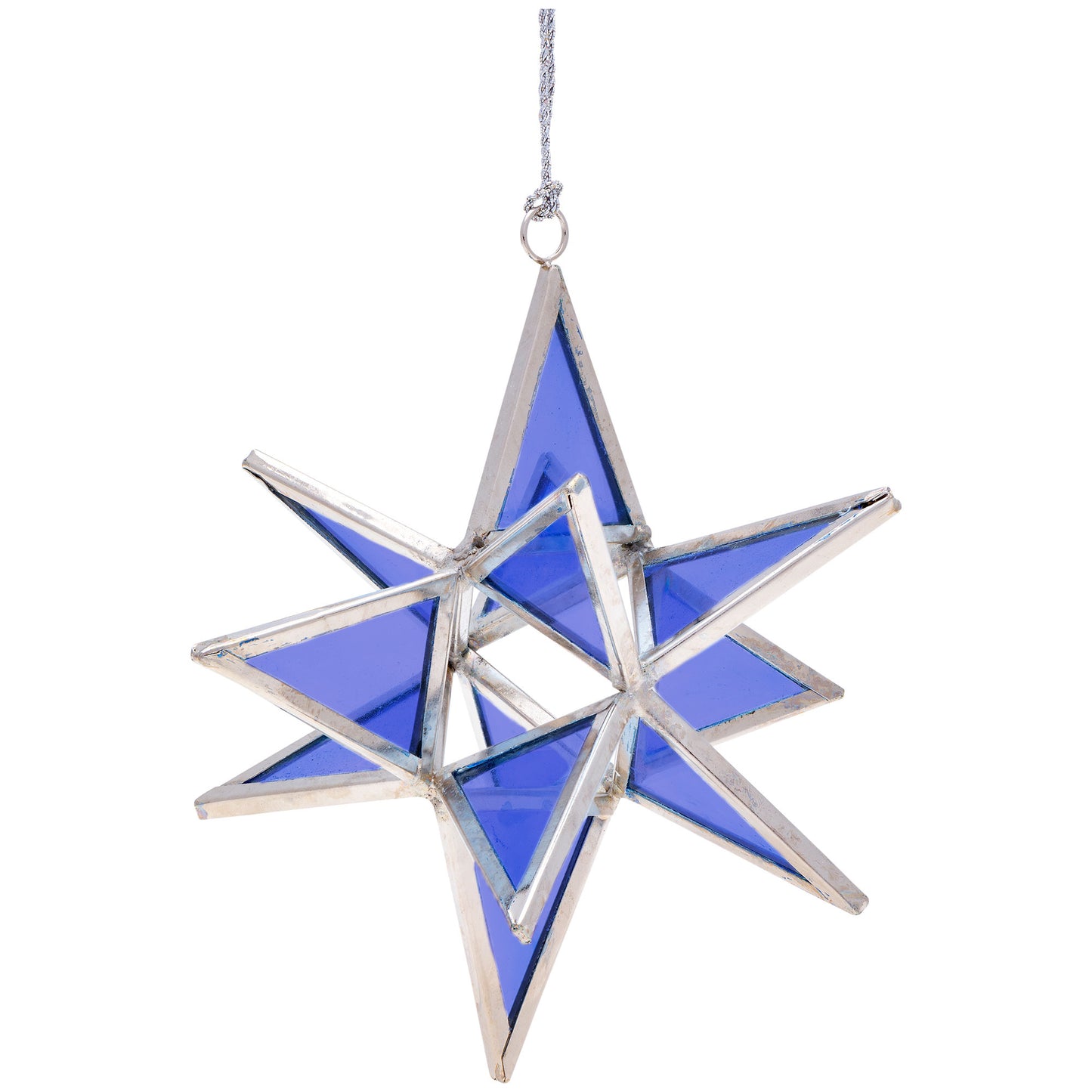 Medium sized blue glass moravian ornament with stained glass, silver edges, and a silver twine to hang with on a white background.