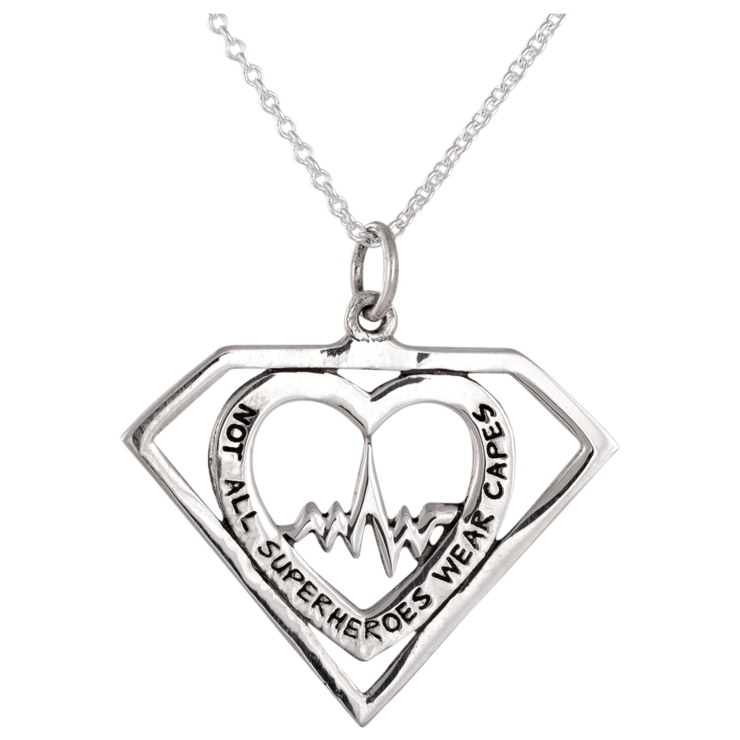 Silver pendant with heart design and 'Not all superheroes wear capes' text on a white background