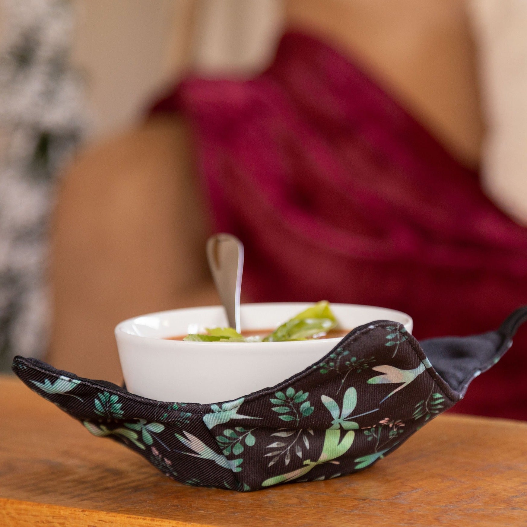 dragonfly garden bowl cozy with hot soup in a comfy indoor setting