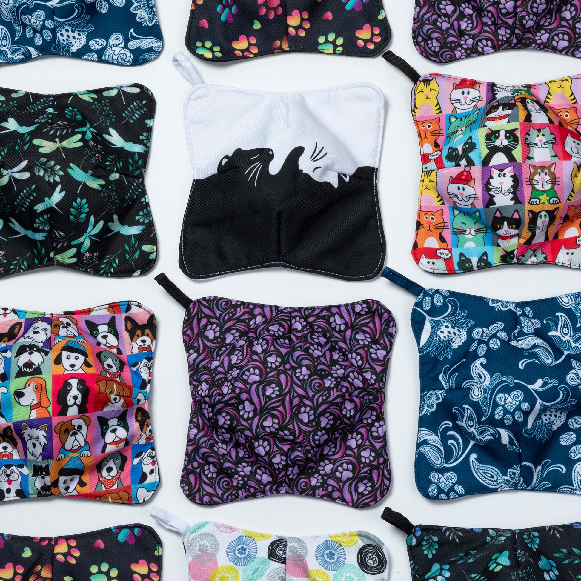 Collection of various patterned bowl cozies on a white background