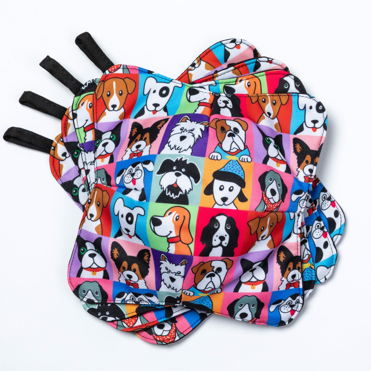 A set of four bowl cozies with various patterns, including a dog print design, pet portrait dog