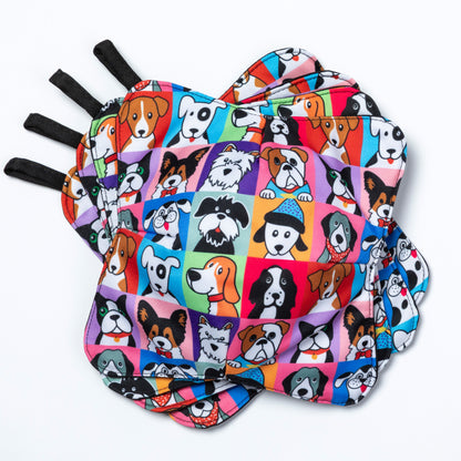 A set of four bowl cozies with various patterns, including a dog print design, pet portrait dog