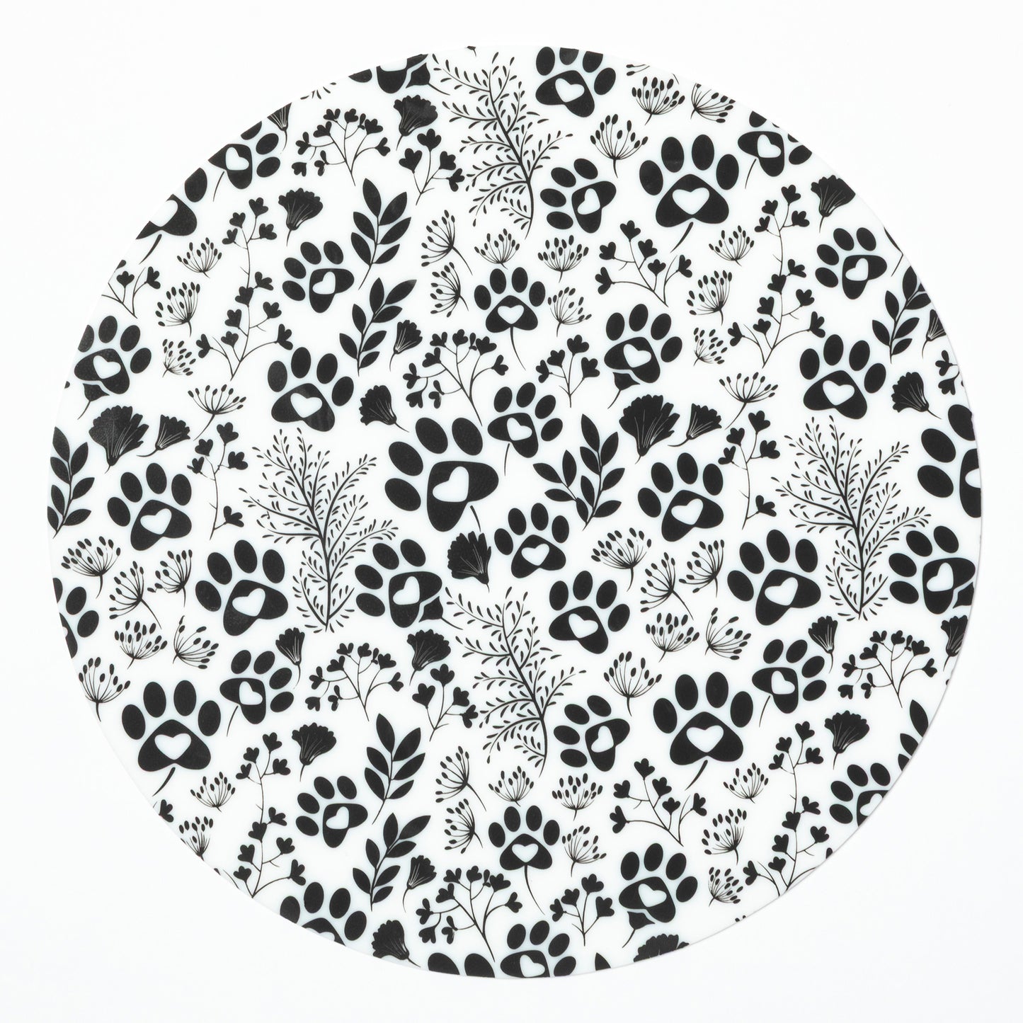 Silicone non-slip jar opener with black paw prints and leaf patterns on a white background
