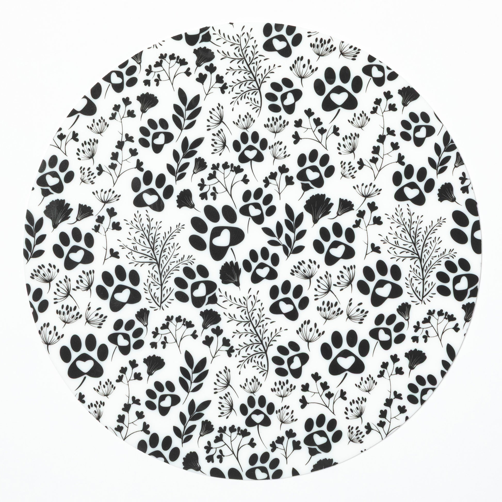 Silicone non-slip jar opener with black paw prints and leaf patterns on a white background