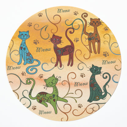 Silicone non-slip jar opener with colorful cat illustrations and 'Meow' text on a yellow background