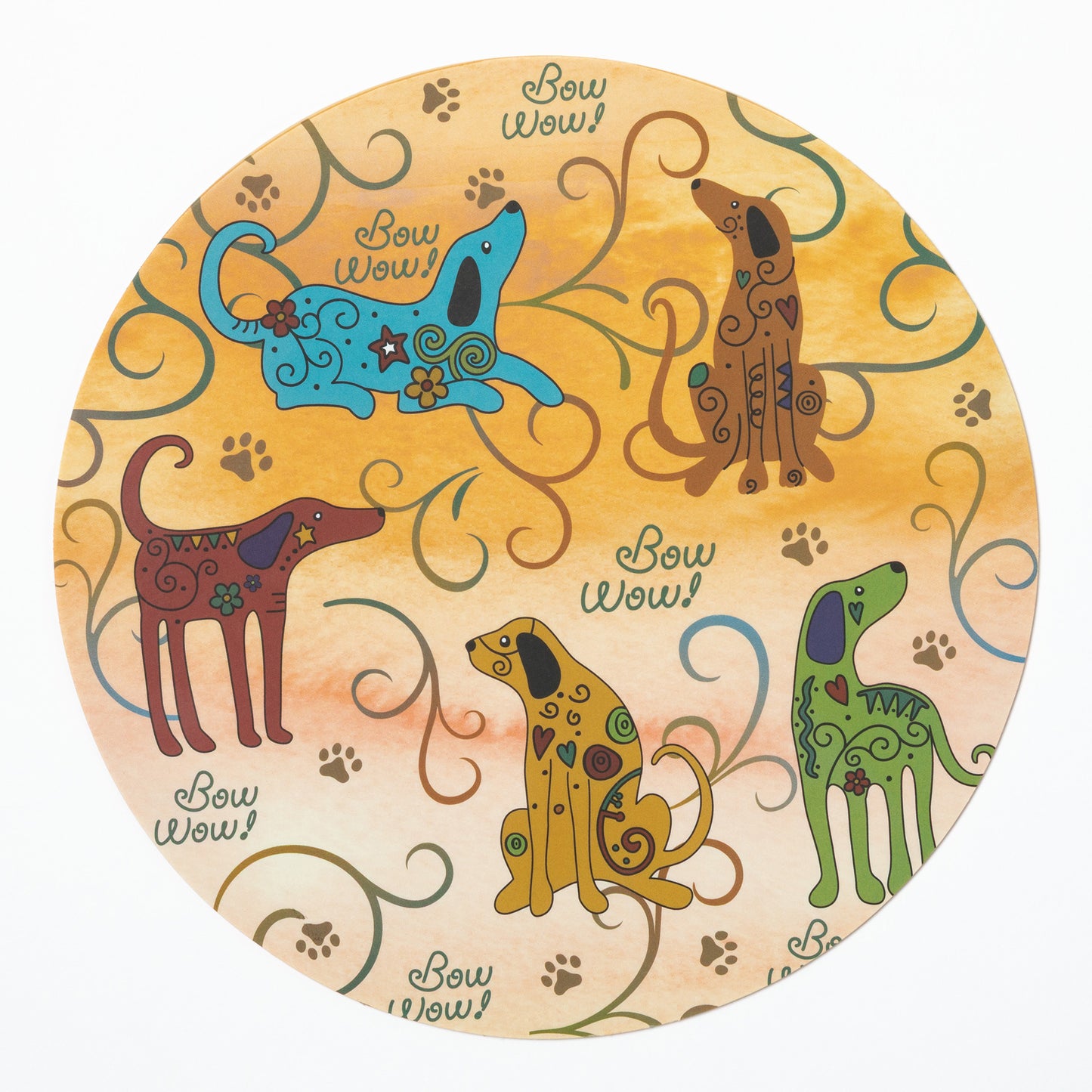 Silicone non-slip jar opener with colorful dog illustrations and 'Bow Wow!' text on a yellow background