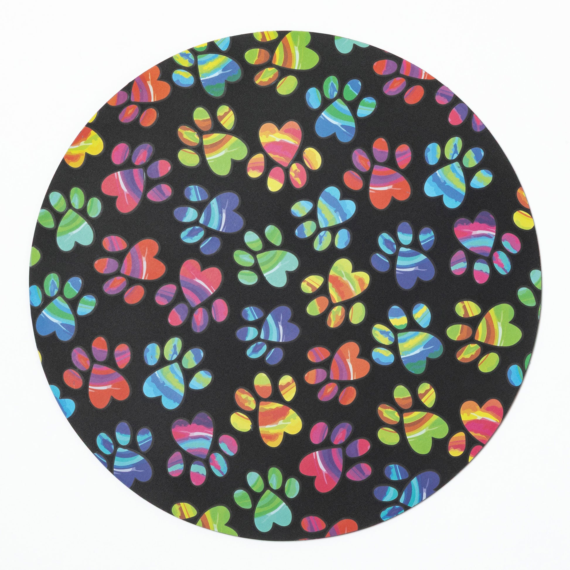 Silicone non-slip jar opener with colorful paw prints on a black background