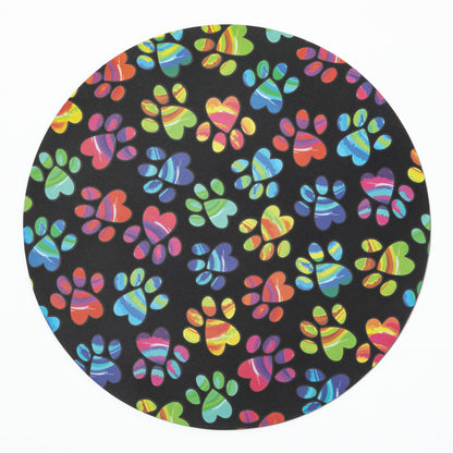 Silicone non-slip jar opener with colorful paw prints on a black background