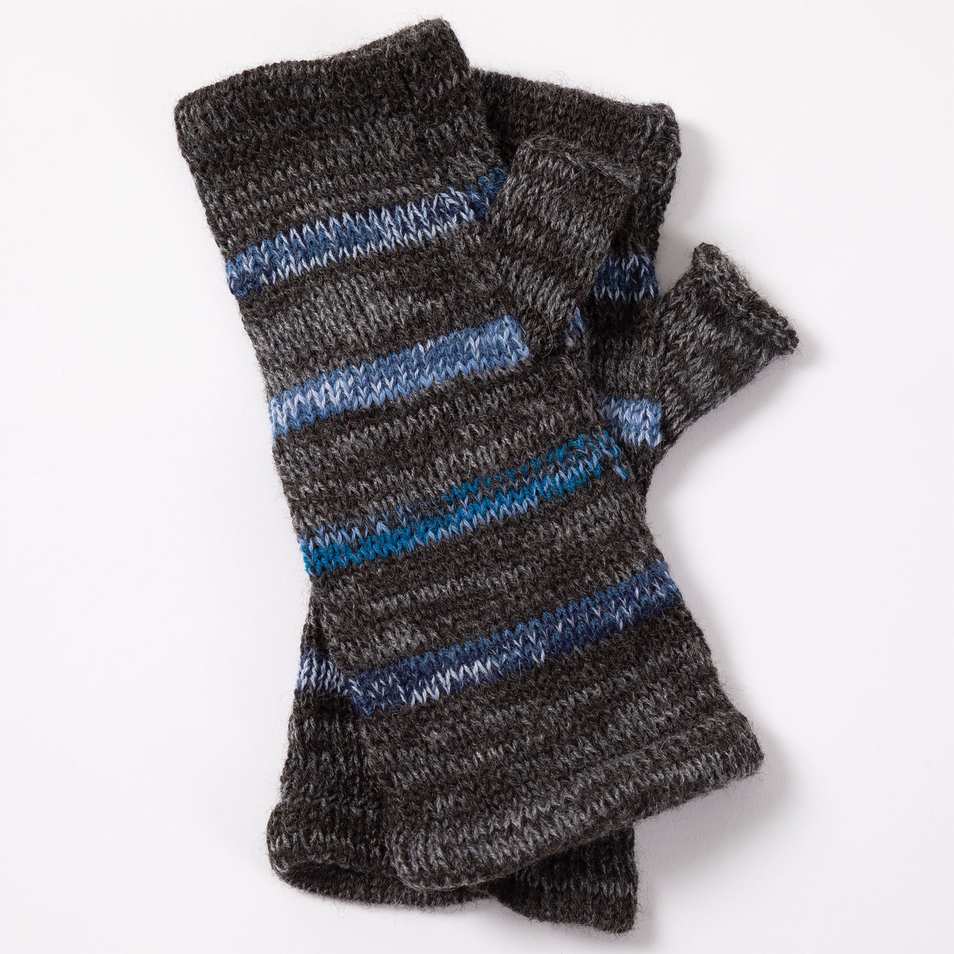 a pair of alpaca fingerless mittens in shades of gray with blue stripes, made from alpaca wool on a white background