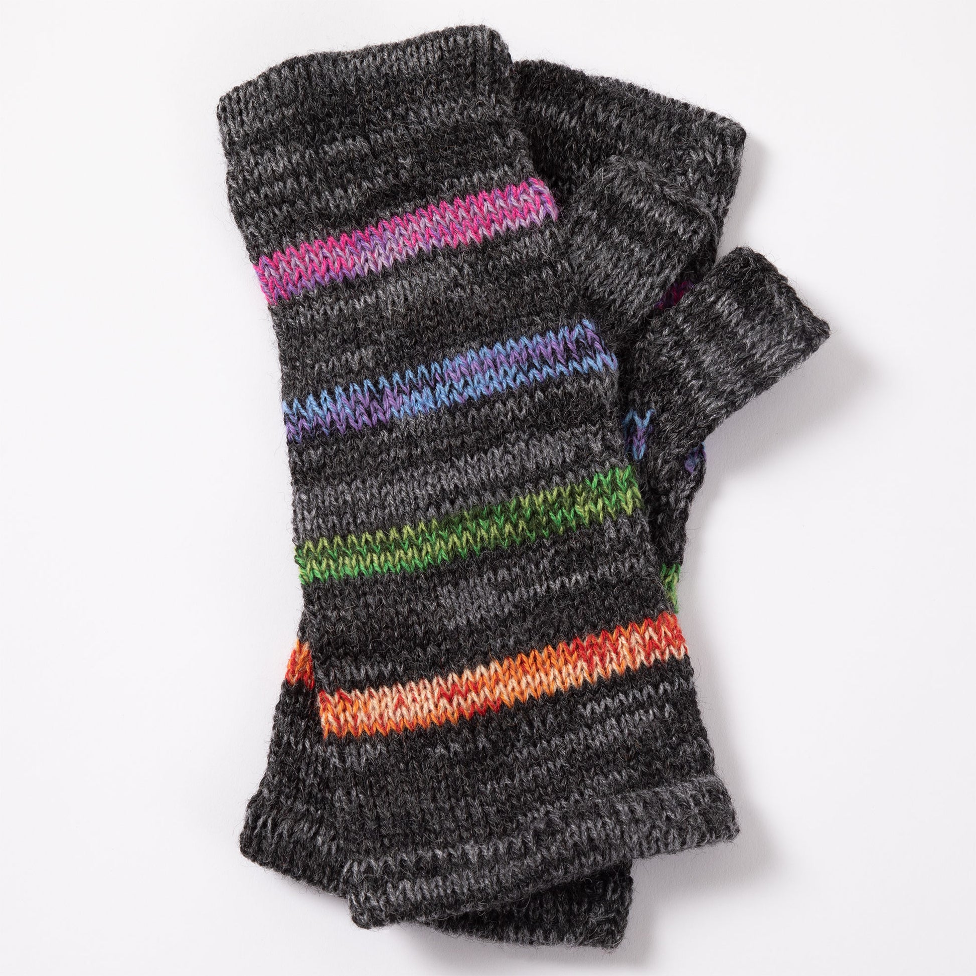 a pair of alpaca fingerless mittens in charcoal gray with vibrant stripes made from alpaca wool on a white background
