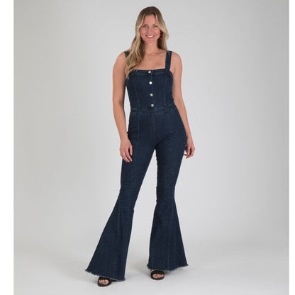 Denim Flare Leg Button Up Jumpsuit