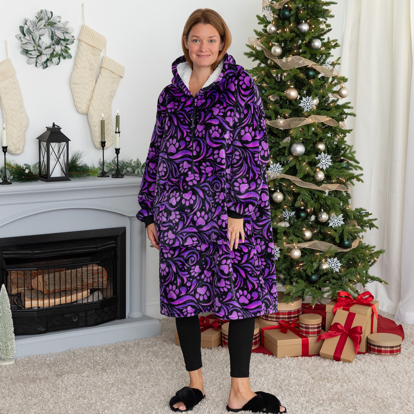 Super Cozy&trade; Paw Print Half Zip Blanket Hoodie with Kangaroo Pocket