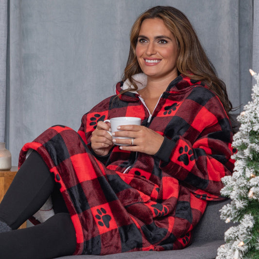 Super Cozy&trade; Paw Print Half Zip Blanket Hoodie with Kangaroo Pocket