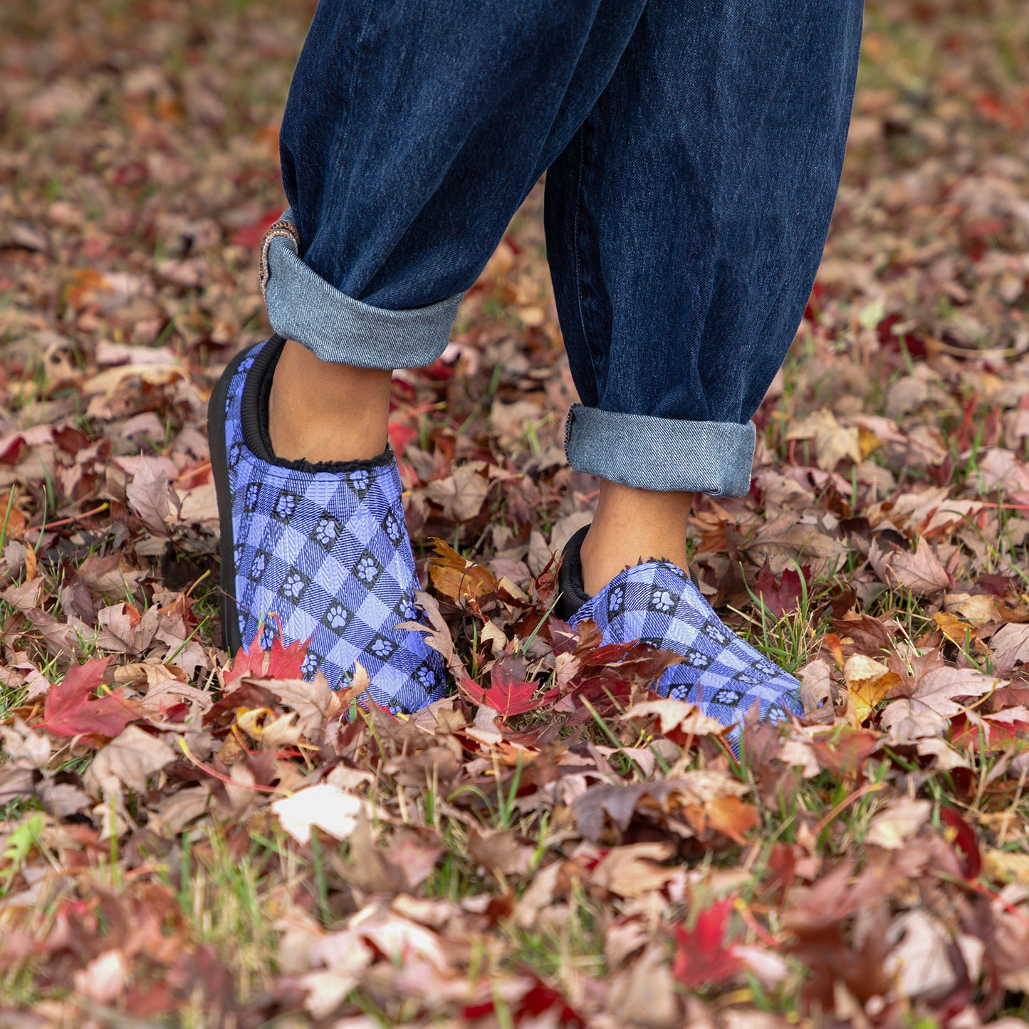 Person wearing periwinkle checkered Slip on shoes on a leaf-covered ground