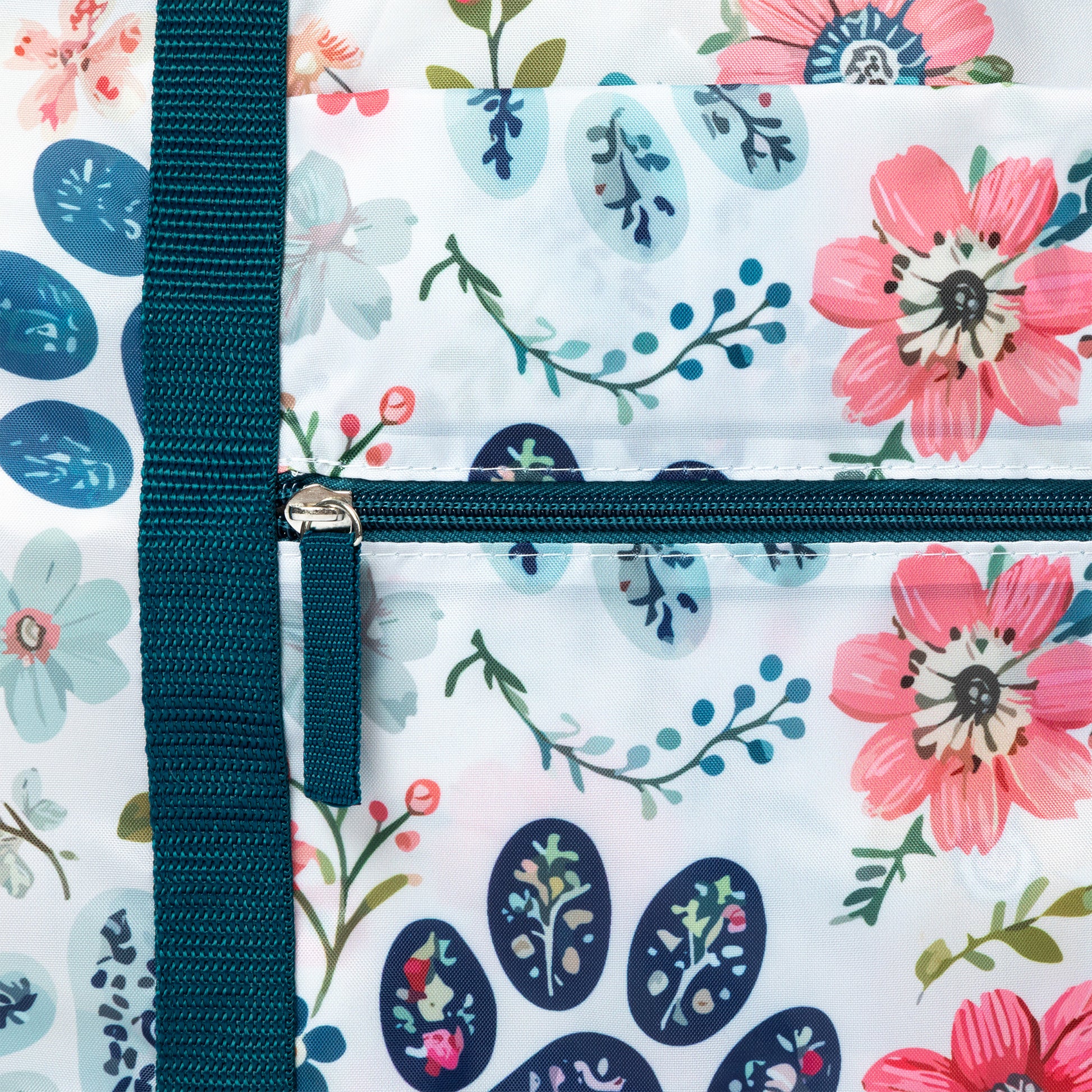 Floral-patterned bag with a blue strap and zipper