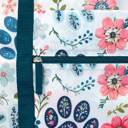 Floral-patterned bag with a blue strap and zipper