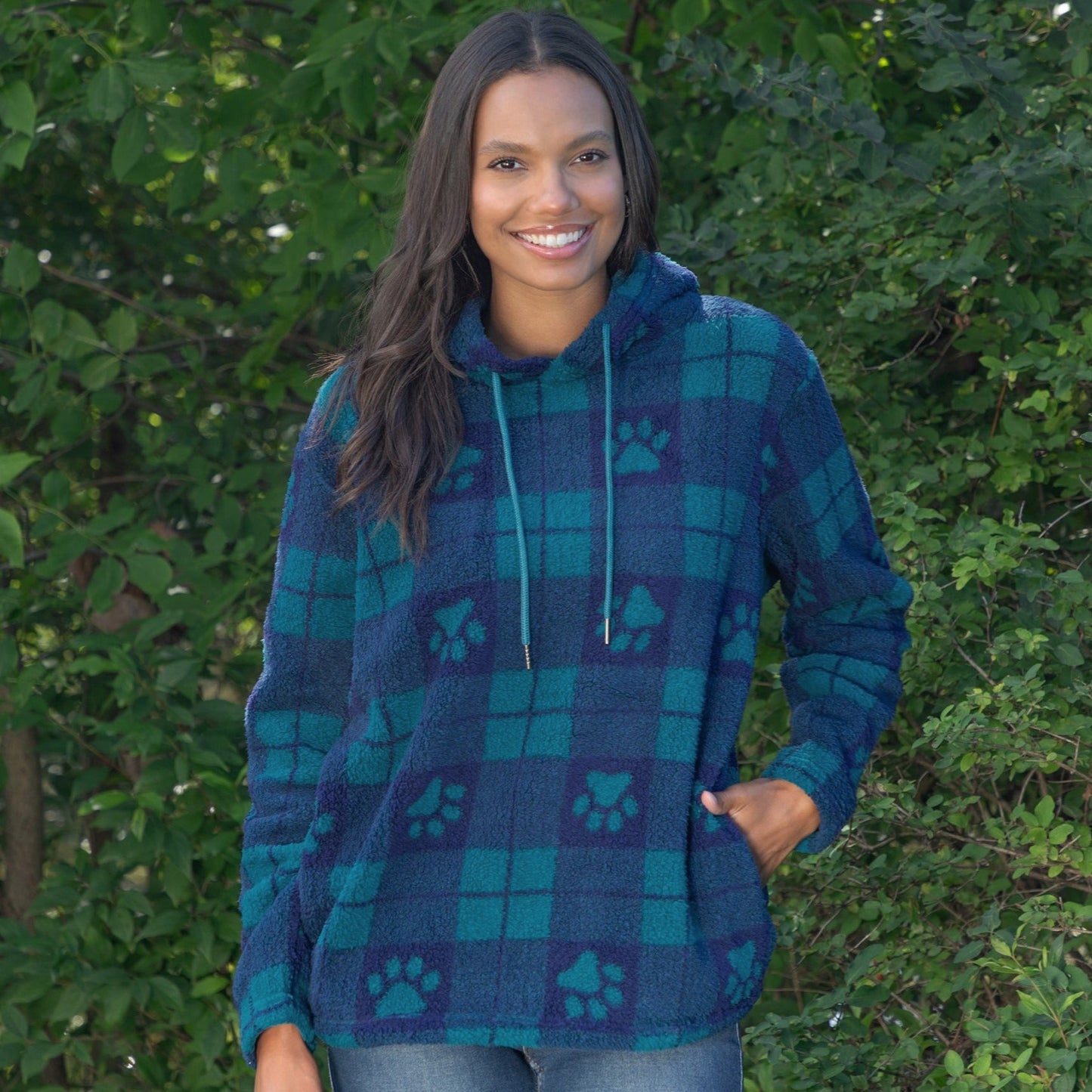 Large Check Plaid Paws Sherpa Fleece Hoodie