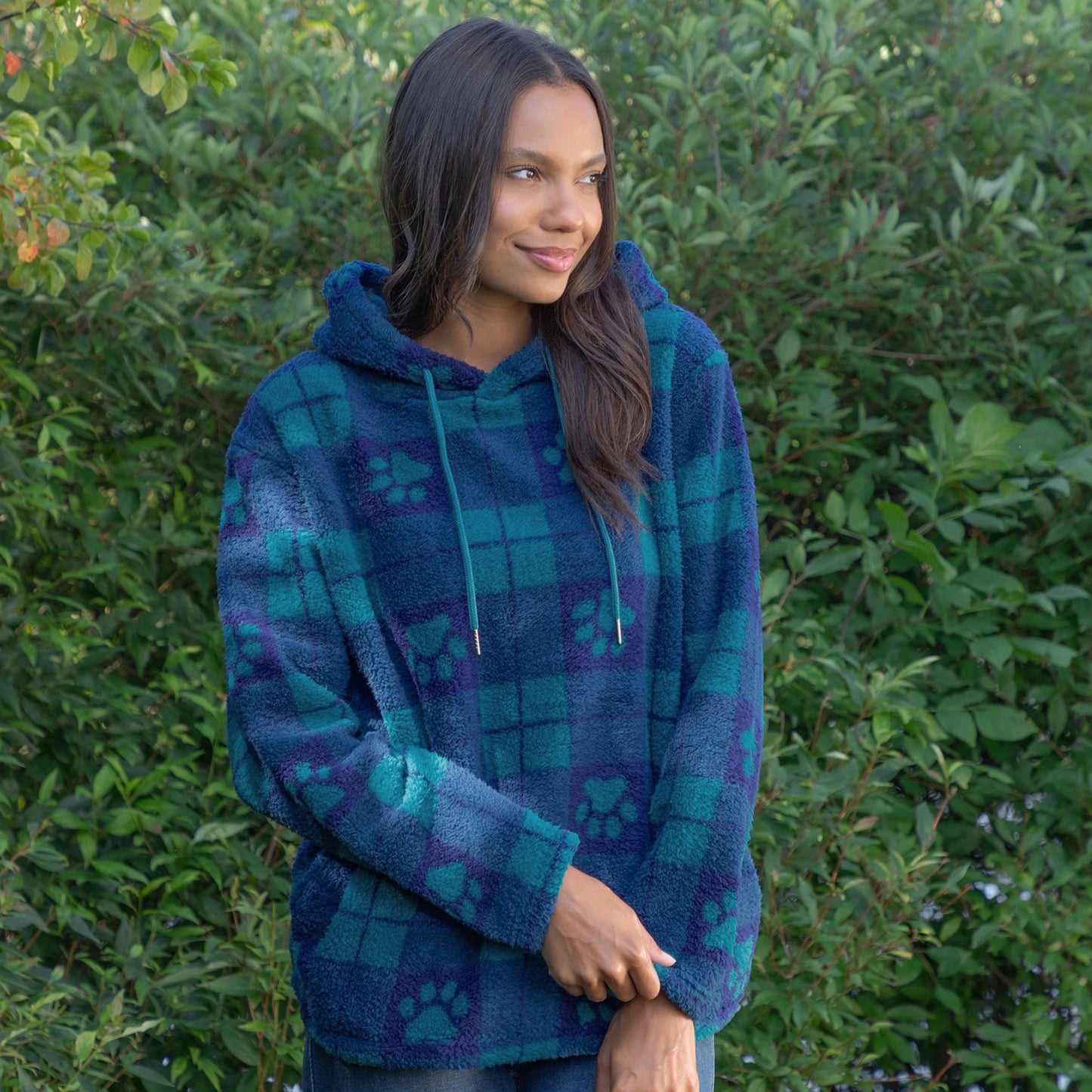 Large Check Plaid Paws Sherpa Fleece Hoodie