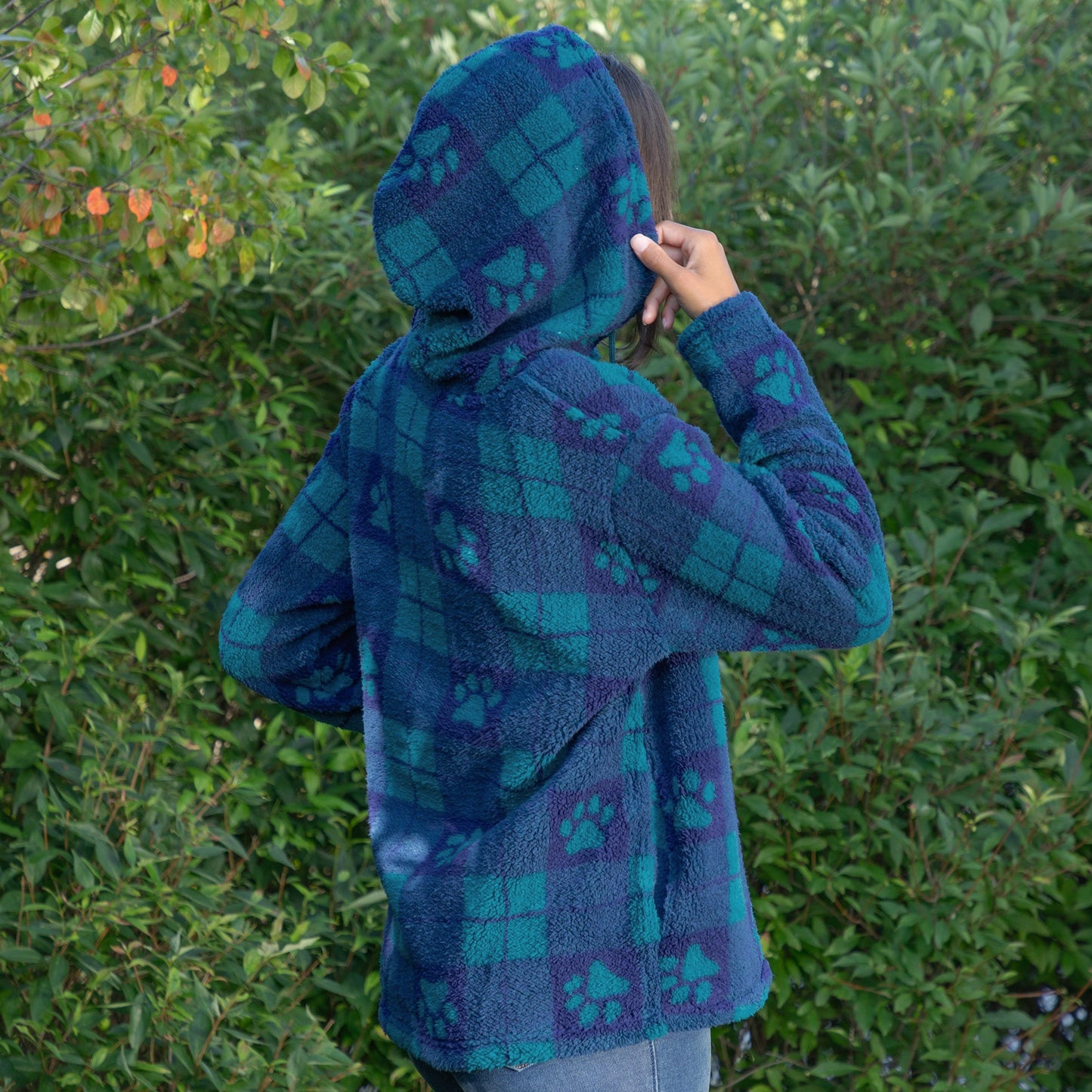 Large Check Plaid Paws Sherpa Fleece Hoodie