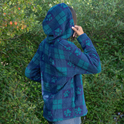 Large Check Plaid Paws Sherpa Fleece Hoodie