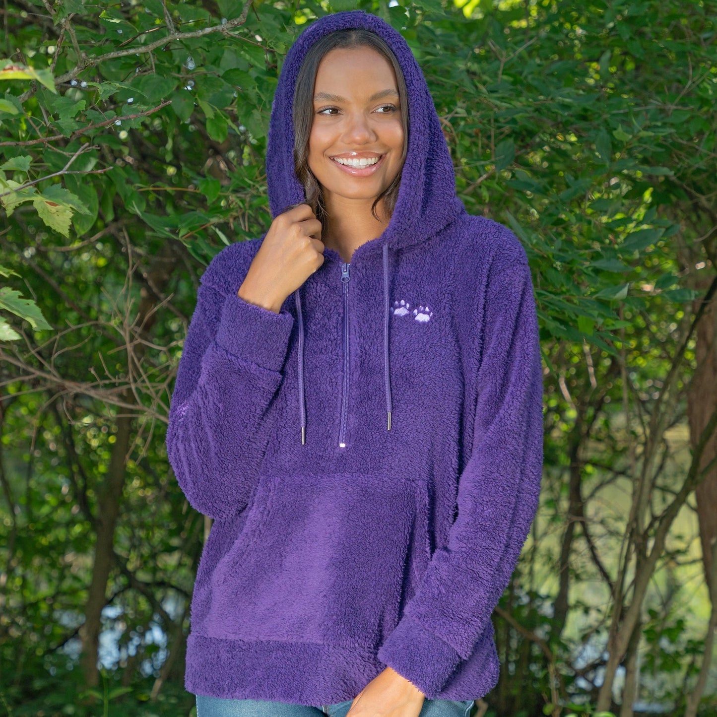 Purple Paws Plush Sherpa Fleece Quarter Zip Hoodie