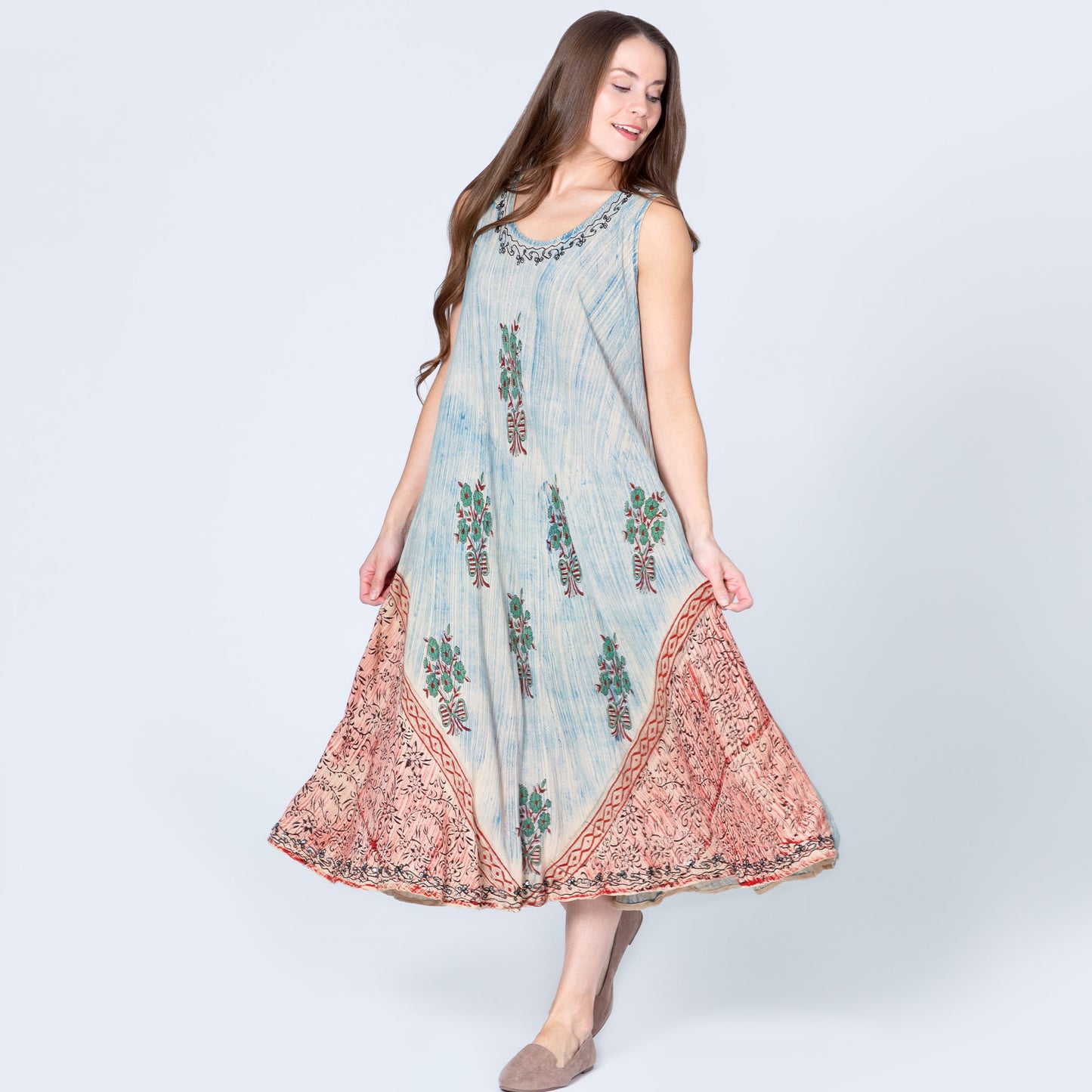 Dusty Pink & Blue Floral Sleeveless Dress