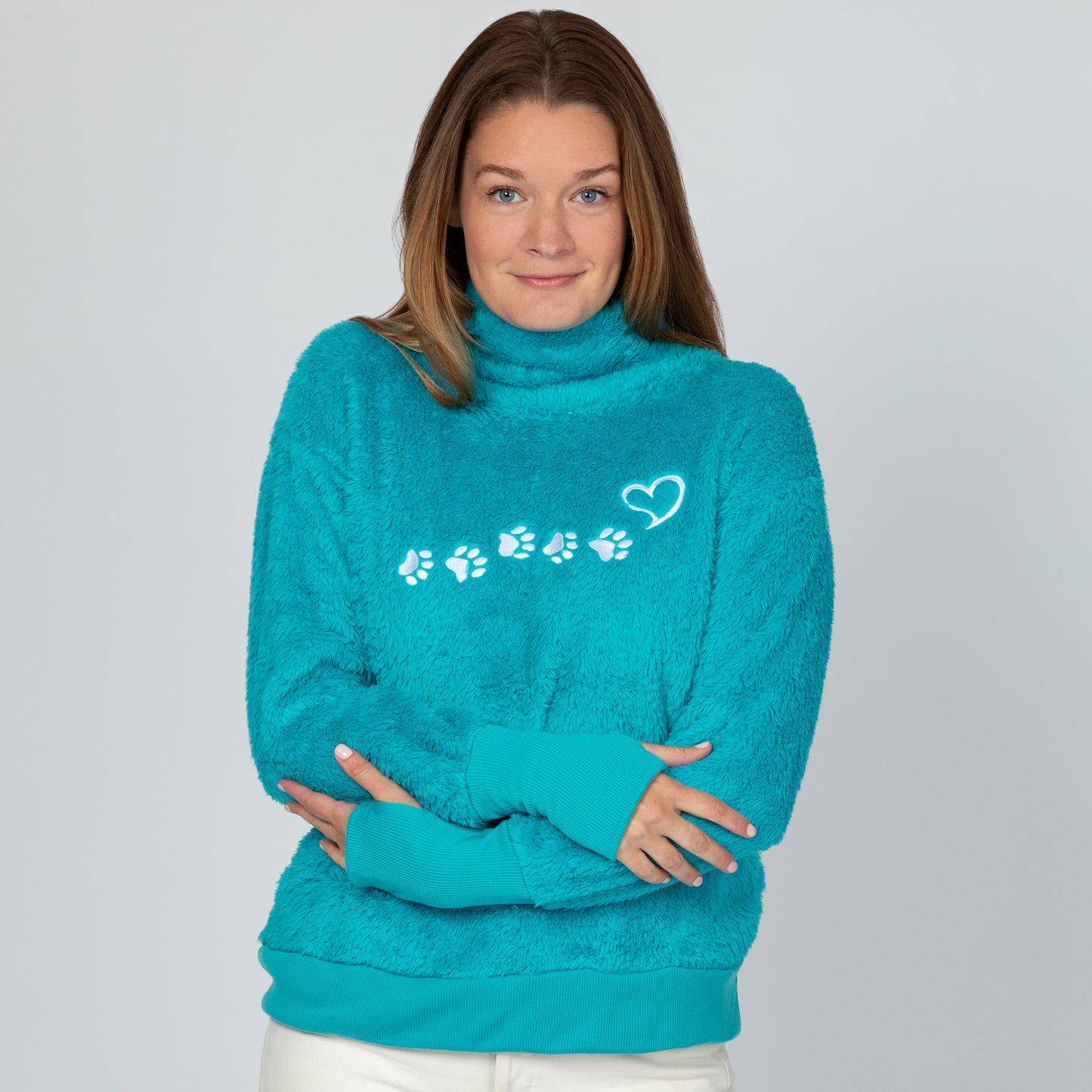 Paw Print Mock Neck Plush Sherpa Fleece Pullover with Thumb Holes