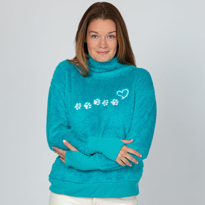 Paw Print Mock Neck Plush Sherpa Fleece Pullover with Thumb Holes