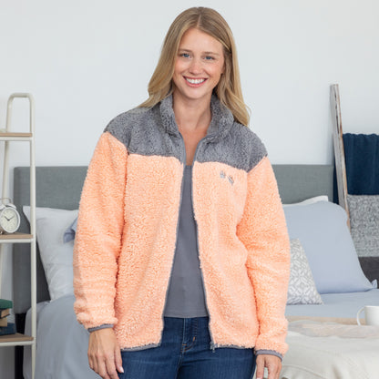 Paw Print Two-Toned Plush Sherpa Fleece Zip Up Jacket