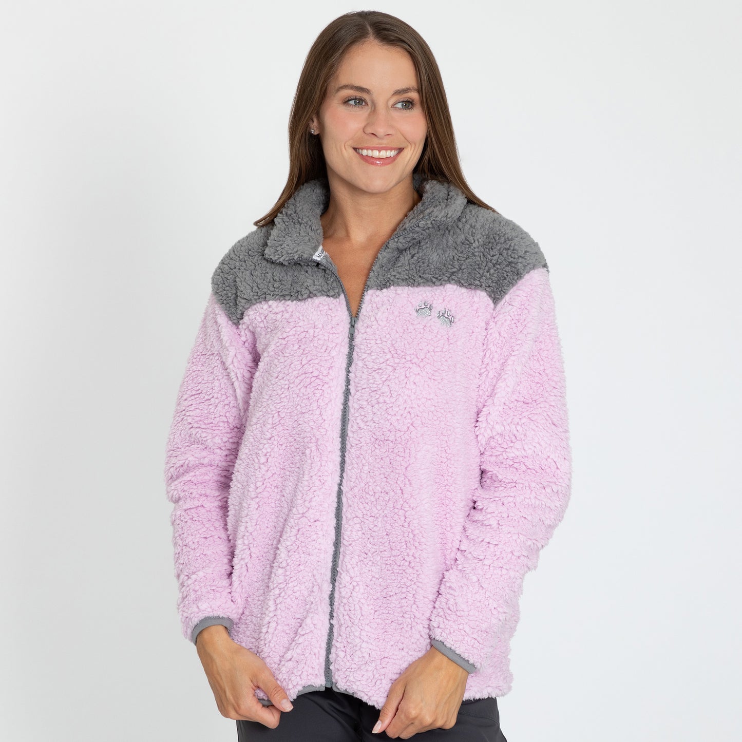 Paw Print Two-Toned Plush Sherpa Fleece Zip Up Jacket