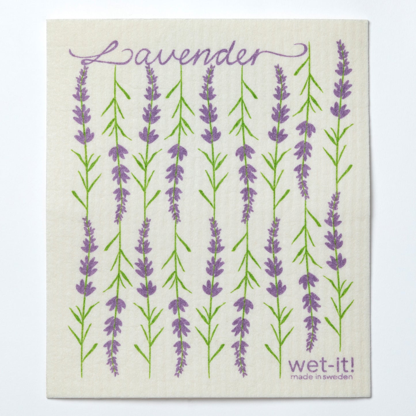 Lavender-themed reusable dishcloth with 'wet-it!' branding on a white background
