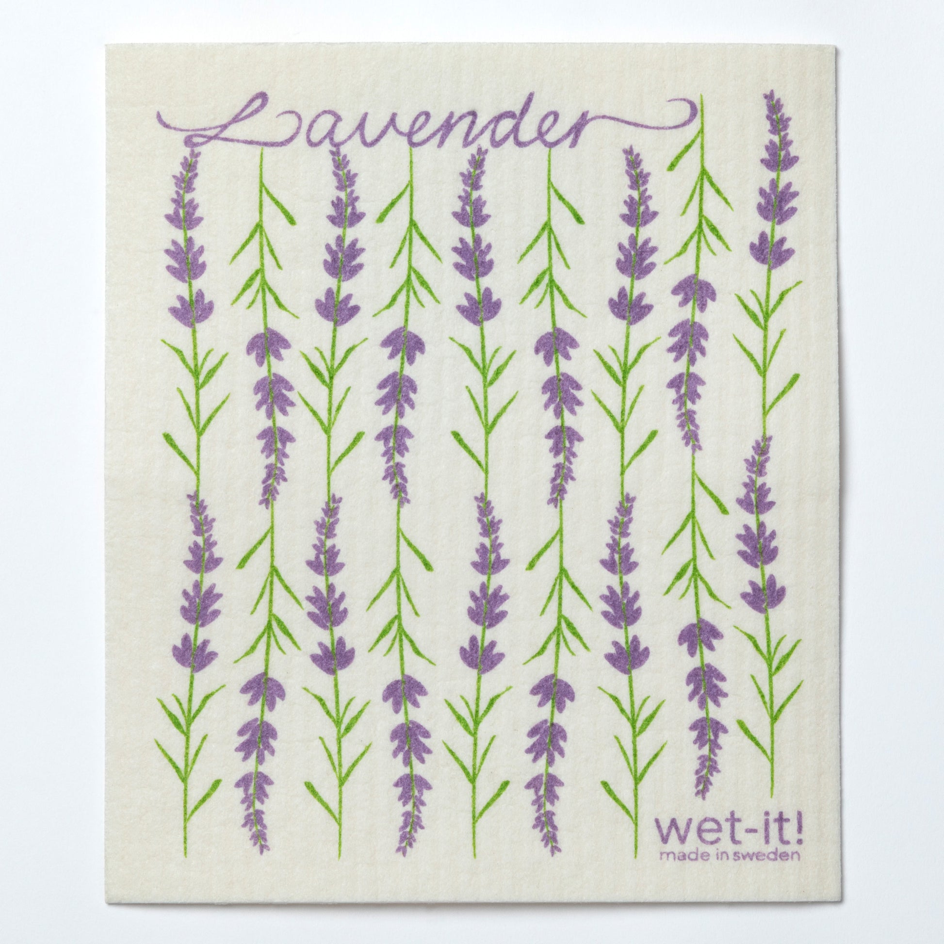 Lavender-themed reusable dishcloth with 'wet-it!' branding on a white background