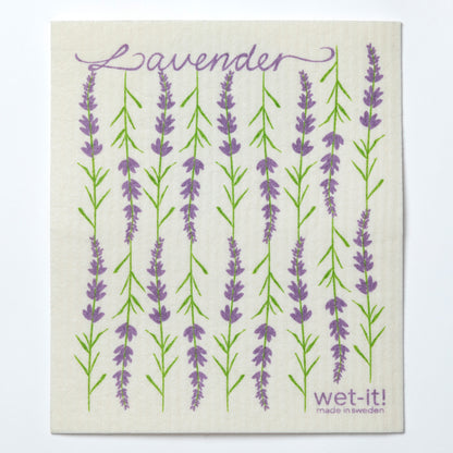 Lavender-themed reusable dishcloth with 'wet-it!' branding on a white background