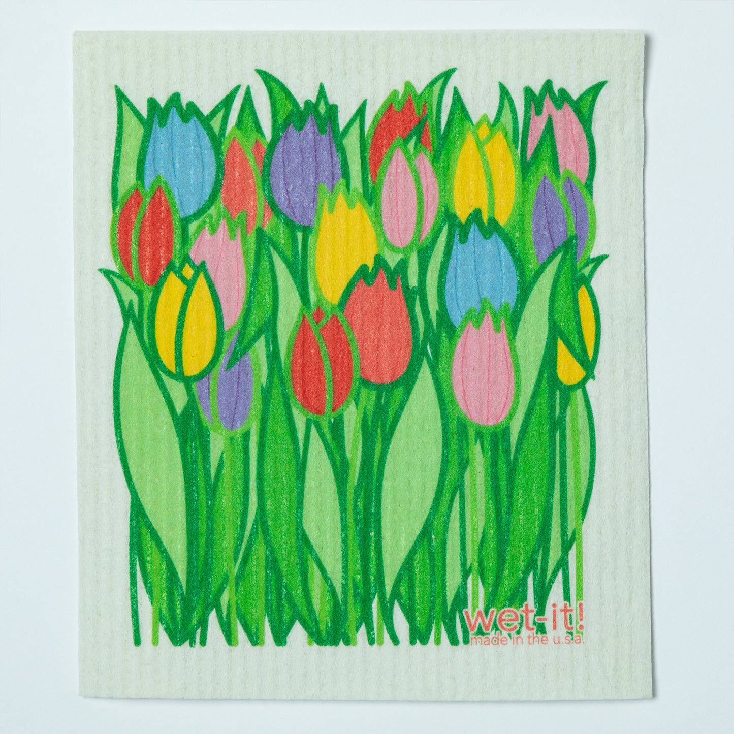 Wet-it! Swedish dishcloth with colorful tulip design on a white background