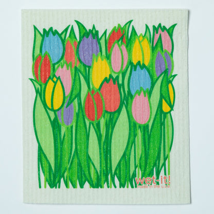 Wet-it! Swedish dishcloth with colorful tulip design on a white background