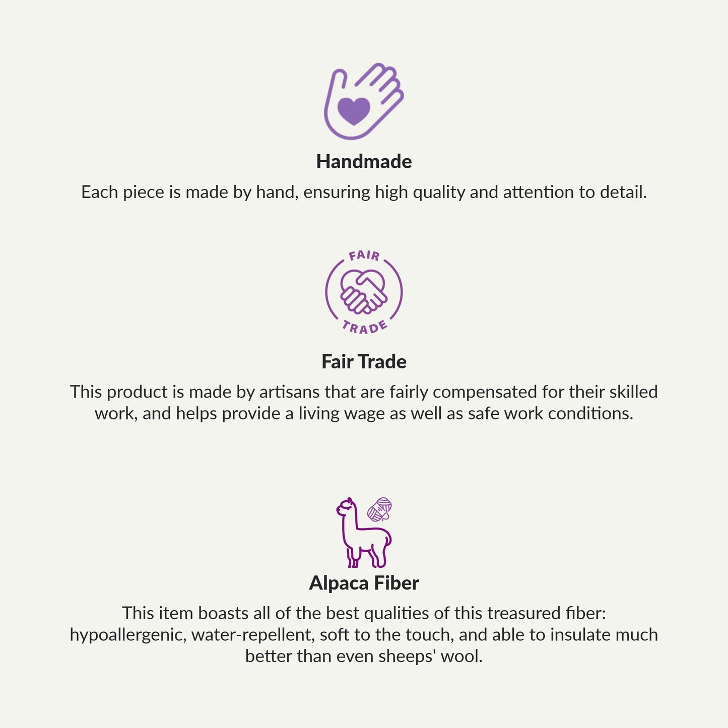 Text describing handmade, fair trade, and alpaca fiber products on a white background.