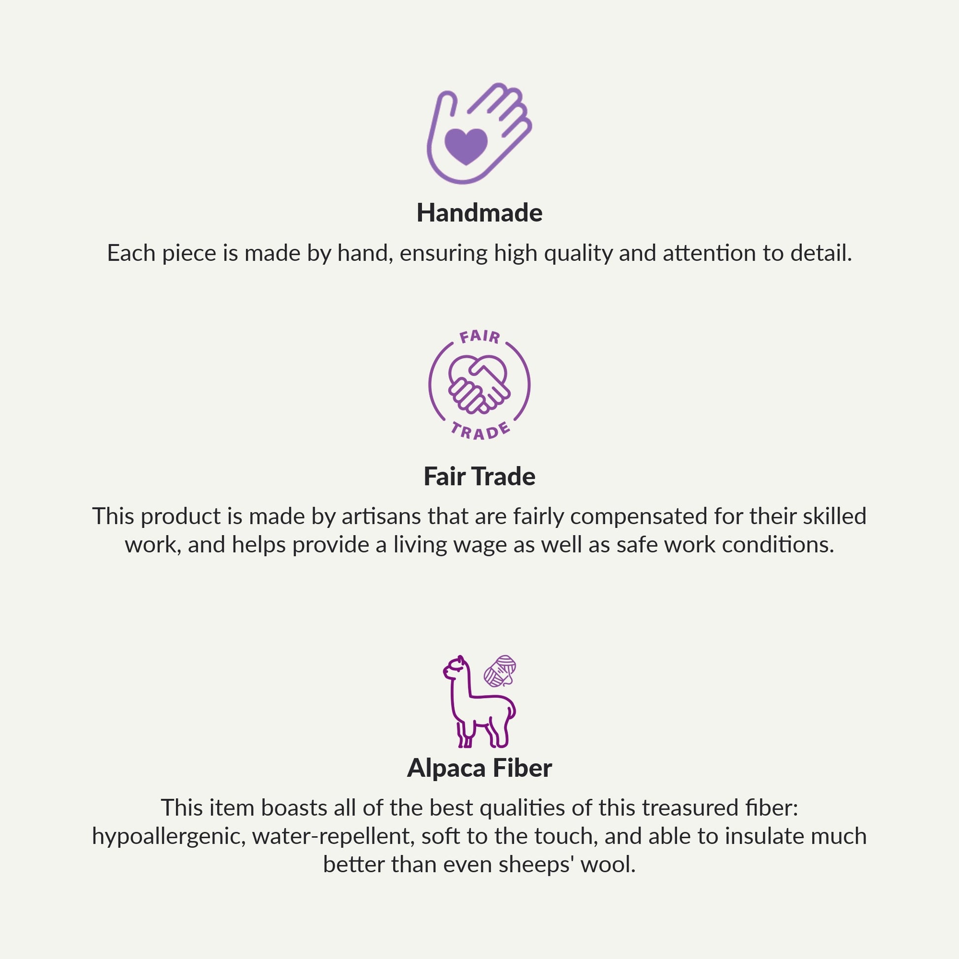 Text describing handmade, fair trade, and alpaca fiber products on a white background.
