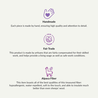 Text describing handmade, fair trade, and alpaca fiber products on a white background.