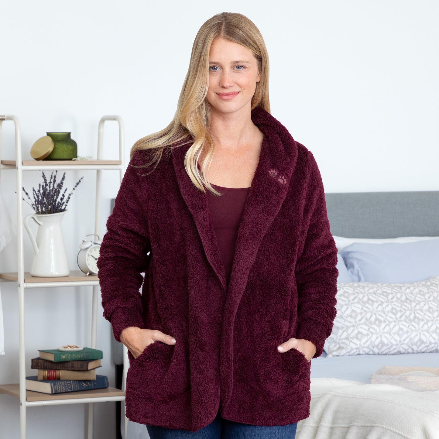 Paw Print Plush Sherpa Fleece Open Jacket with Pockets