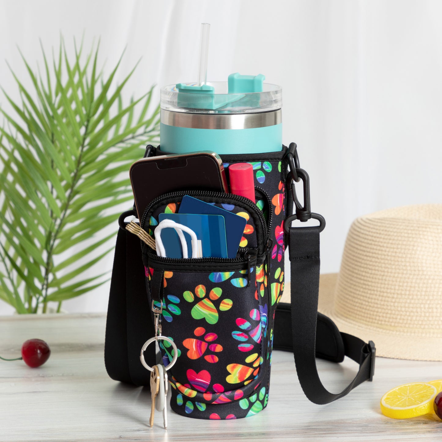 Paw Print Tumbler Carrier with Zippered Pockets - 40oz