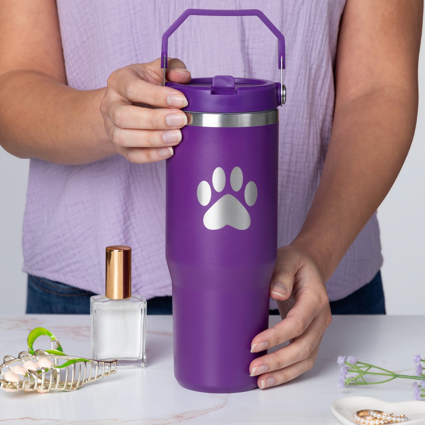 Paw Print Stainless Steel Tumbler with Flip Straw - 30 oz