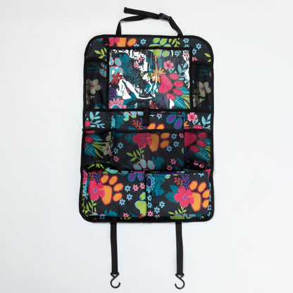Multicolored floral-patterned car organizer with straps on a white background