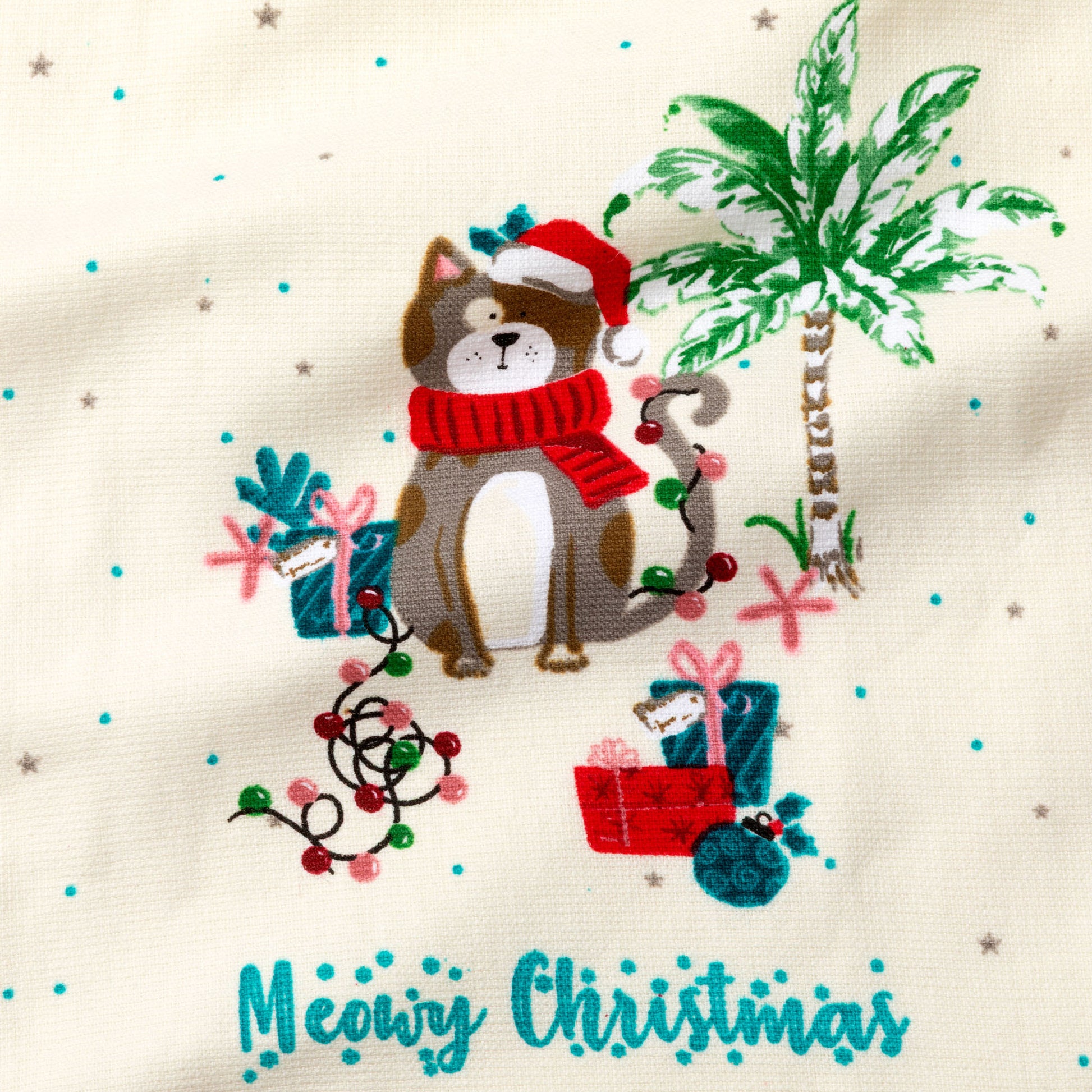 Printed design of a cat in a Santa hat with Christmas elements on a beige background.

